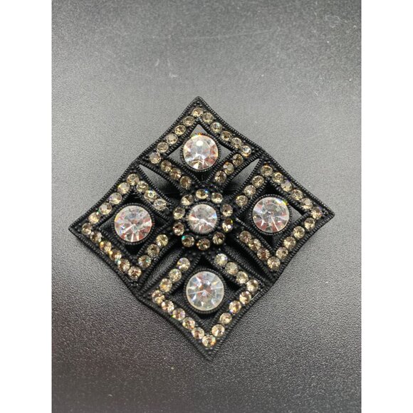 Black and Clear Rhinestones Brooch Maltese Cross Square Vintage Beauty - Picture 2 of 7
